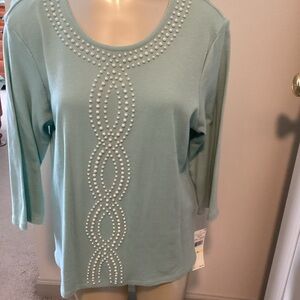 Alfred Dunner Light Aqua Pearl-Accent Long Sleeve Top